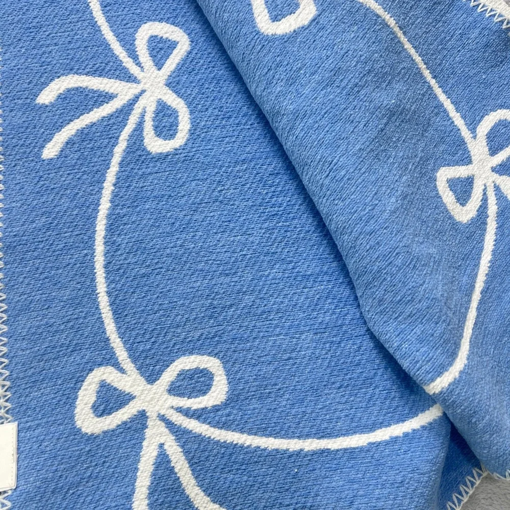 Shabby Chic Decorative Throw Blanket White Blue Bows Accent 50